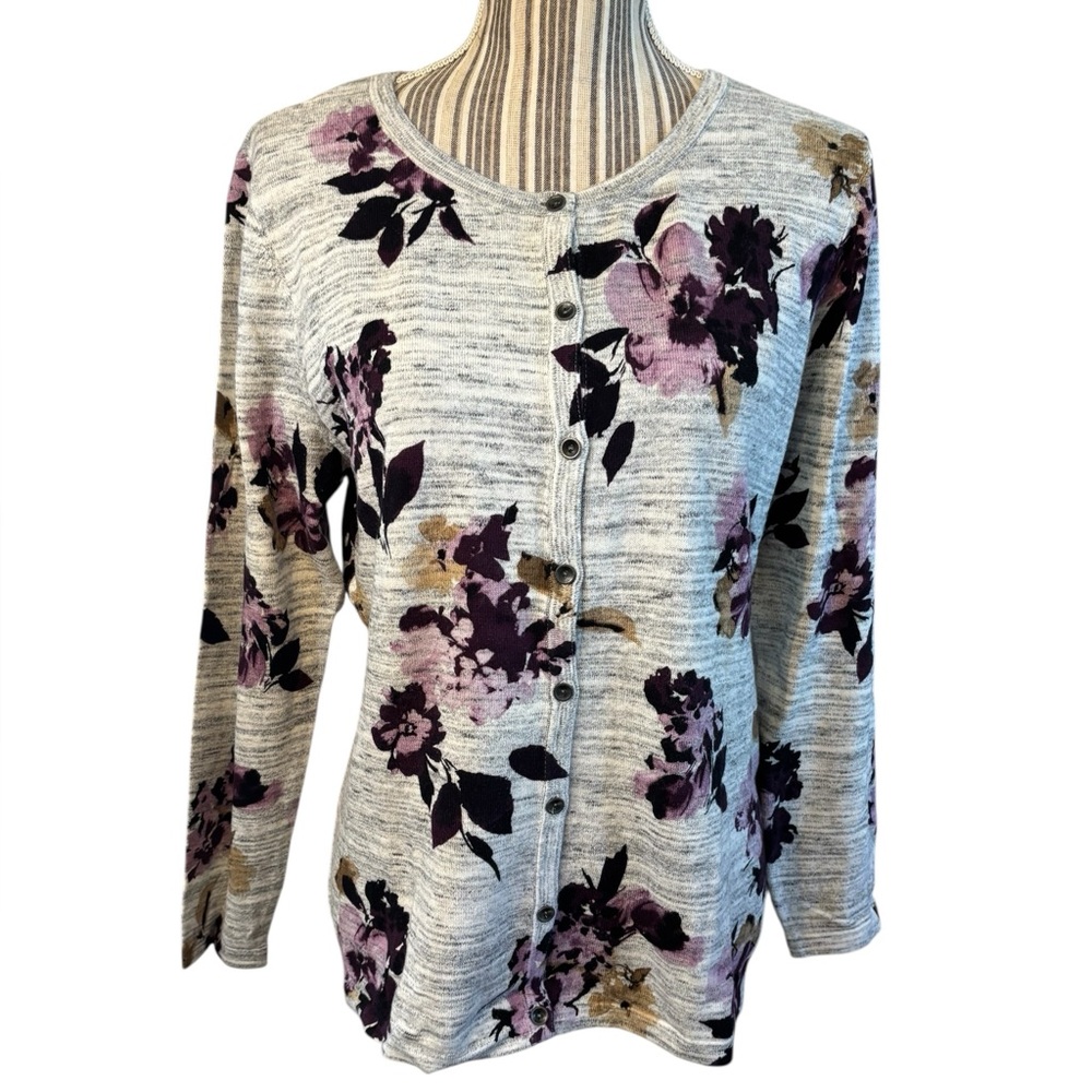 SALE! Christopher & Banks Cardigan L Heather Gray Button-Up Purple Floral Cotton